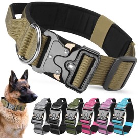AKOFIC Tactical Dog Collar, Heavy Duty Wide Dog Collar with Handle and Soft Padded, Adjustable Comfortable Pet Collar for Small Medium and Large Dogs Training (Dark khaki, XL)