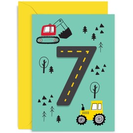Old English Co. Colourful Seventh Birthday Card for Boys and Girls - Fun Construction Vehicle Happy 7th Birthday Card for Children - Age 7 - Digger Tractor Birthday Card for Him Her | Blank Inside