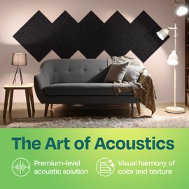 Ekkogo Acoustic Panels 12-Pack Soundproof Wall Panels 12"x12"x0.4" Decorative Sound Dampening for your Home, Office, Studio, Bedroom & More with Unique ModuArc Carving [Deep Black]
