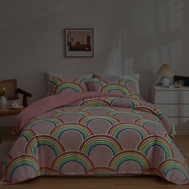 GETIYA Rainbow Bed Linen 135 x 200 cm Microfibre Bed Linen Girls Ladies Bed Linen Rainbow Luminous in the Dark Single Bed Duvet Cover Pink Bed Linen with Pillowcase 80 x 80 cm
