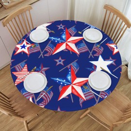Famame Memorial Day American Flag 4th of July Round Fitted Tablecloth with Elastic Protector Table Cloth Kitchen Dinner Waterproof Oil-Proof Table Covers Fits 40"-44", Small