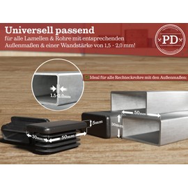 PD® Lamellar Plugs 50 x 30 mm for Square Tube, End Caps, Rectangular, Made of PE Plastic, Pipe Plugs for Pipe Cover of Steel Pipe, Stainless Steel Tube, Aluminium Tube and Aluminium Profile,