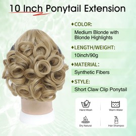 Wirctp Ponytail Extension,10" Claw Clip in Ponytail Extensions Short Curly Ponytail Hairpiece for Women Fluffy Natural Synthetic Pony Tails for Daily Use(Medium Blonde with Blonde Highlights)