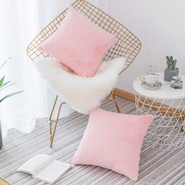 Home Brilliant Pink Fur Cushion Covers 18x18, Lovely Gifts for Mum, Faux Rabbit Fur Fluffy Cushion Cover for Sofa Bed Couch, Set of 2, (45 x 45cm, Pink)
