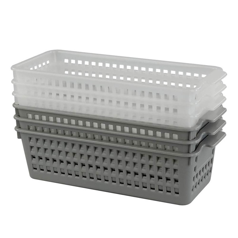 Dynko 6 pack Slim Plastic Storage Baskets, Grey and Clear