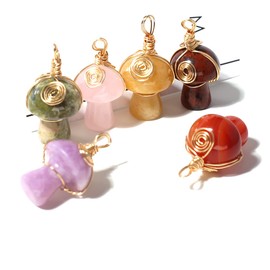 LHJ 10 Pcs Natural Stone Pendants Mushroom Shape Chakra Crystal Agate Stone Copper Wire Knitting Charms for Jewelry Making Necklace