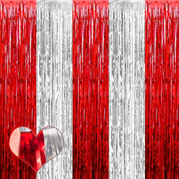 4 Pack 3.2Ft x 8.2Ft Red and Silver Fringe Curtain