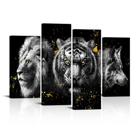 Derkymo Wildlife Framed Canvas Wall Art Tiger Lion Wolf Head with Gold Eyes Pictures Black and White Animal Framed Artwork Easy to Hang
