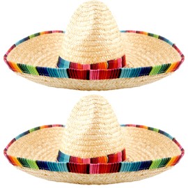 Cagemoga 2 Pcs Mexican Sombrero Hat Large Wide Brim Straw Hat with Serape Trim Chin Strap for Adult Mexican Party Dress Up Accessories (color set 2)