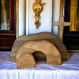 Didyts Easter Scene Wooden Religious Decoration,Jesus Cross Puzzle Statue Set Nativity Scene Decor,Empty Tomb Easter Decor Display,Christian Easter Home Interior Decorations (He is Risen)