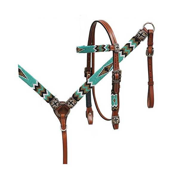 Showman Leather Headstall and Breast Collar Set with Teal, Gold