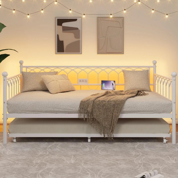 Metal Daybed W/Trundle Twin Size Day Bed Frame with Charging