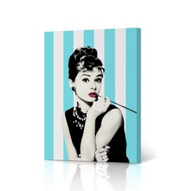 HB Art Design Audrey Hepburn Wall Art Breakfast at Tiffany's Movie Blue and White Striped Background Canvas Wall Art Art Canvas Print Wall Decor Bedroom Decor Living Room Decor Made in The USA 12x8