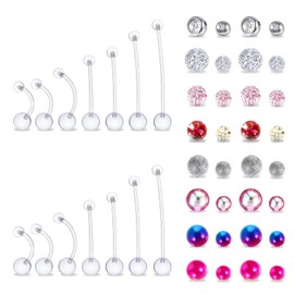 56PCS 14G Pregnancy Belly Button Rings with Replacement Balls, Anti-Sensitive Plastic Belly Button Rings, Flexible Clear Pregnancy Bellys Ring for Surgery Maternity Daily Wear, 10/16/22/26/32/38mm