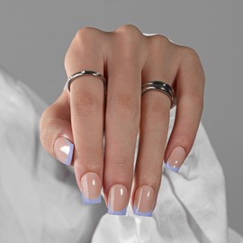 KQueenest Press on Nails Short French Tip - 30 Pieces Purple Nails for Sticking, Short Square, French Tip Fake Nails with Glue, Square Artificial Nails Set for Women