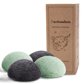 myHomeBody Konjac Sponge Natural Konjac Facial Sponges - For Gentle Facial Cleansing and Exfoliating - with Activated Carbon and Aloe Vera - Set of 4