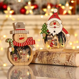Home Dreams Wooden Christmas Decorations, Santa and Snowman Figurines with Illuminated Scene