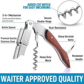 VIYNRAN Professional Waiters Corkscrew Bottle Opener 3-in-1 Key Tool with Foil Cutter & Dual Hinge Fulcrum Waiters Corkscrew for Waiters & Bartenders