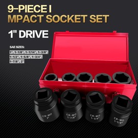 TONYNOL 1 Inch Drive Deep Impact Socket Set,9 Pieces,6-Point,SAE Sizes (1",1-1/8",1-1/14",1-3/8",1-1/2",1-5/8",1-3/4",1-7/8",2"),Cr-Mo Steel