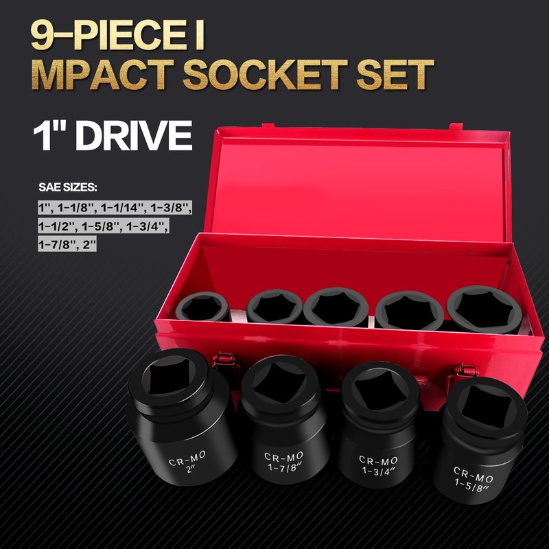 TONYNOL 1 Inch Drive Deep Impact Socket Set,9 Pieces,6-Point,SAE Sizes
