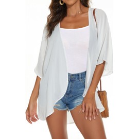 Womens Kimono Cardigans Beach Cover ups Swimwear Puff Sleeve Loose Casual Summer Tops (White,M)