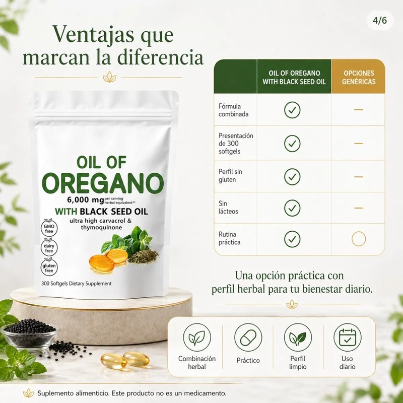 Aceite De Orégano Con Semilla Negra 300 Cápsulas 6000 Mg