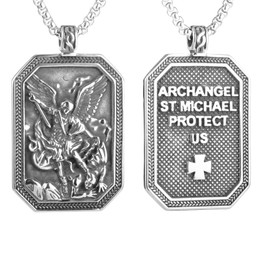 Men'S Religious Catholic Patron Saint Archangel Michael Dog Tag Pendant Necklace, 316L Stainless Steel, Silver Stainless Steel Square Pearl Chain, Vintage Jewelry