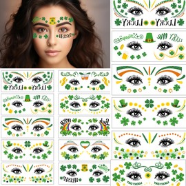 10 sheets St. Patrick's Day Face Tattoos Stickers Shamrock Four-leaf clover Temporary Tattoo Decorations for Women Girls Make Up Supplies