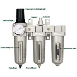 PUDUSI Industrial Grade 3 Stage Air Drying System - Particulate Filter, Coalescing Filter, Desiccant Dryer & Air Regulator, Metal Bowl, Suitable For Paint Spray & Plasma Cutter (3/4" NPT,Manual Drain)