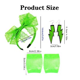 5 Pcs 80s Fancy Dress Costume Accessories, Lace Bow Headband, Fishnet Gloves, Earrings, Elastic Women's Neon Lace Headband (Green, Uniform size)