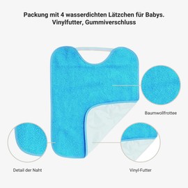 TI TIN Pack of 4 Waterproof Baby Bibs with Rubber Closure, 90% Cotton, 10% Polyester with Vinyl Lining, Pack of 4 Bibs for Babies from 1 Year, 4 with blue