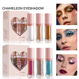 3 Color Chameleon Liquid Eyeshadow Set, Duochrome Iridescent Glitter Eyeshadow, Metallic Long-Lasting Shimmer Sparkly Eye Makeup for Girls Women Parties and Daily Looks