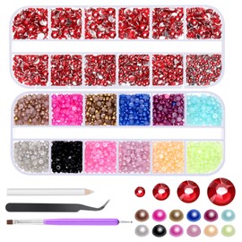Glarks 4403pcs Rhinestone Gems and Flat Back Pearl Set, 2MM 3MM 4MM 5MM Red Flat Back Gems Crystal Rhinestones, 3MM Flatback Pearl Half Pearl Half Round Flat Back Pearl with 3pcs Tools