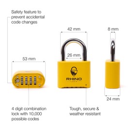 Rhino Lock Secure Lock - Yellow 4 Digit Combination Padlock for Gym Locker, School & Work Lockers; Coded and Suitable for Outdoor Use with Fences, Hasps, Sheds & Toolboxes (UK Brand)