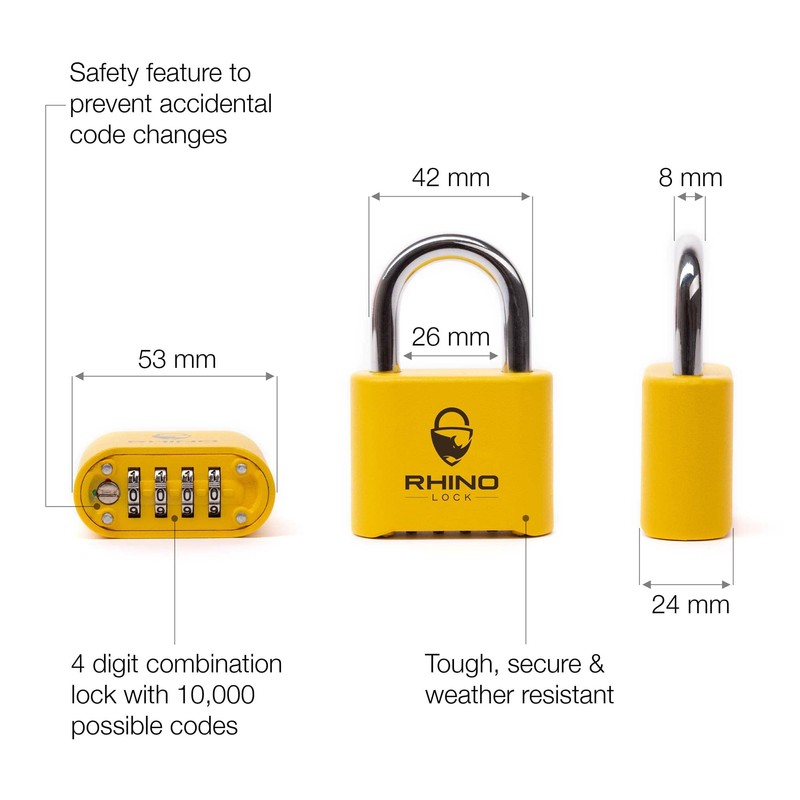 Rhino Lock Secure Lock - Yellow 4 Digit Combination Padlock