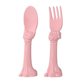 Made in USA Spoon la la Toddler Utensils Set - 2 Pack (1 Spoon & 1 Fork for Kids) - Self-Standing 3D Ergonomic Cat & Dog Handles - BPA-free, Dishwasher Safe, Baby Silverware (Pink)