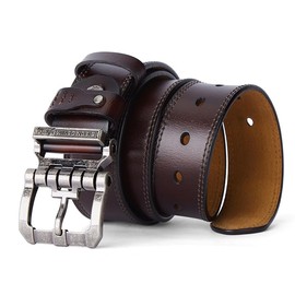 BISON DENIM Men's Belt Leather Dress Genuine Leather Classic Heavy Duty Buckle Belt Casual for Jeans, Silver buckle + brown belt, 120 cm, Fit for waist 39 cm - 41 cm