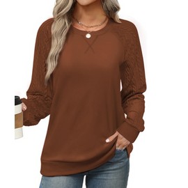 Ohhettm Sweatshirt for Women 2024 Casual Crewneck Cable Knit Long Sleeve Pullover Fall Lightweight Sweaters Tunic Top Caramel M