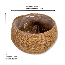 DARO DEKO Seagrass Basket Bowl Round Natural Diameter 28 x 14 cm with Insert Flower Pot Braided Storage Basket Over Pot Flower Bowl