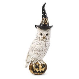 K&K Interiors 41099A 14 Inch Owl with Witch Hat On Gold Jack O Lantern, Black and White