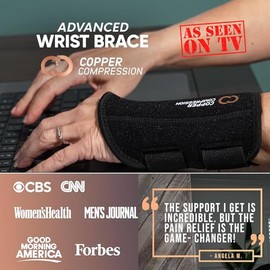 Copper Compression Wrist Brace - Copper Infused Adjustable Orthopedic Support Splint for Pain, Carpal Tunnel, Arthritis, Tennis Elbow, Tendinitis, RSI, Ganglion Cyst for Men Women - Left Hand - S/M