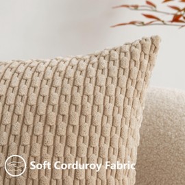 UGASA Fall Soft Corduroy Decorative Pillow Cover 12x20 Inch Boho Striped Oblong Throw Pillow Cover Rectangle Lumbar Modern Home Decor for Sofa Living Room Couch Bed Beige 1 Piece