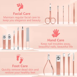 Manicure Set 16Pcs Professional Stainless Steel Pedicure Kit Mens Grooming Kit Fingernail & Toenail Clippers Set Manicure Kit with Luxurious Travel Bag, Sharp Nail Scissors and Clipper (Pink)