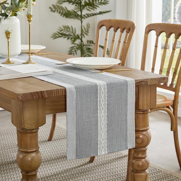 Wracra Embroidery Cotton Linen Table Runner, Farmhouse Style Indoor Outdoor