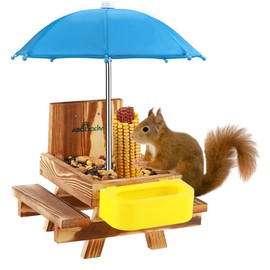 MIXXIDEA Wooden Squirrel Feeder Table with Water Bowl, Squirrel Picnic Table for Outside with Umbrella, Brown Squirrel Feeder with Corn Cob Holder Cute Chipmunk Feeder (Blue)