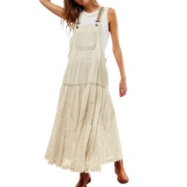 CHARTOU Women Bib Overall Dress Jumper Babydoll Pinafore Dress Embroidered Lace Maternity Straps Suspender Dress (Small, Apricot)