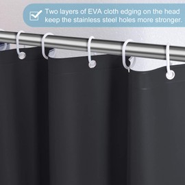 Furlinic Shower Curtain for Bath and Shower in Bathroom Waterproof Bath Curtain Anti-Mould EVA Black with 12 Rings 180 x 210 cm Hem with Stones