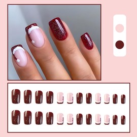 24 PCS French Tip Press on Nails Short Square Christmas Fake Nails Full Cover False Nails with Santa Hat Design Red Glitter Nails Acrylic Glue on Nails Cute Stick on Nails for Women Girls