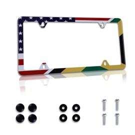 Jamaica Flag with Half American Flag License Plate Frame 1 Pack Stainless Steel Car License Plate Accessory Personalize Decor 12.3" X 6.3" with 4 Holes Screw for Men Women