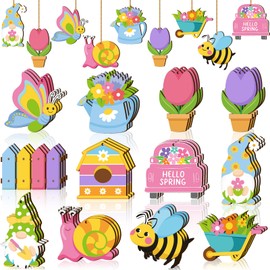 Ferraycle 36 Pieces Spring Flower Ornaments Floral Tree Ornaments Easter Wood Tulip Hanging Decorations Wooden Gnome Decorations for Home Colorful Flower Decor for Small Tree DIY Craft(Bee)